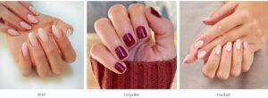 Different types of manicured nails: BIAB, gel, hard gel.