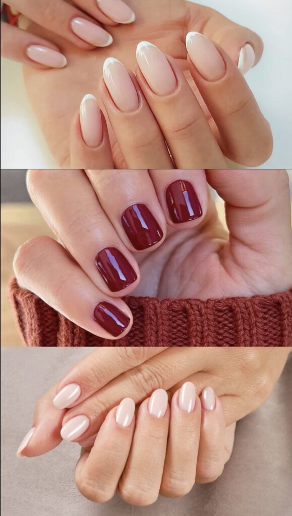 Three nail designs: French, red, nude manicure