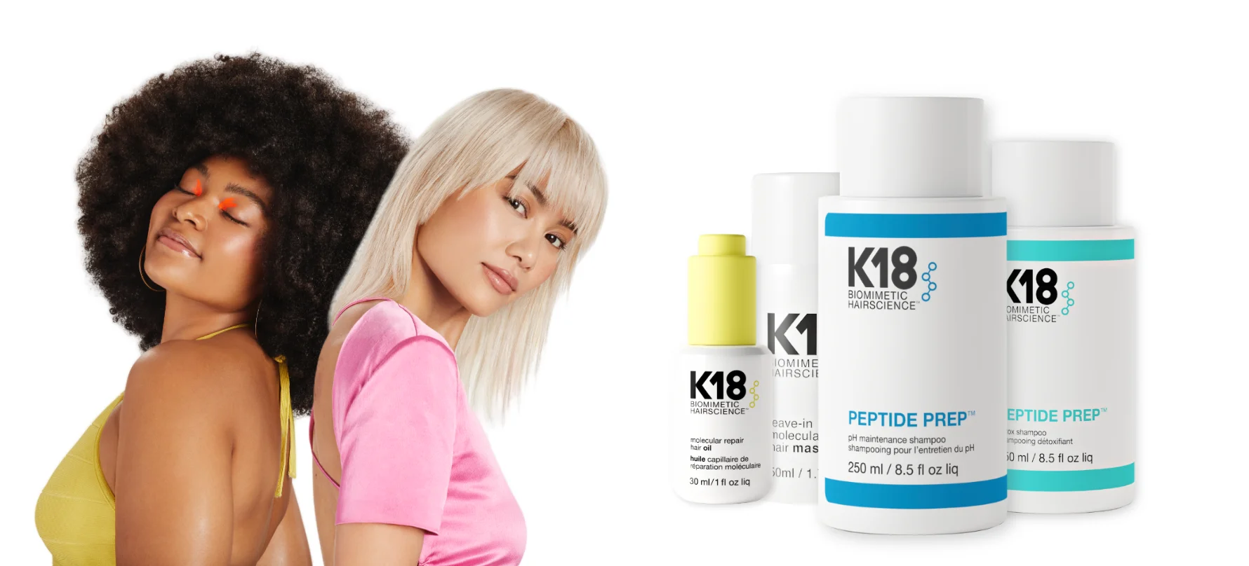 Diverse women with hair products, K18 Peptide Prep bottles.