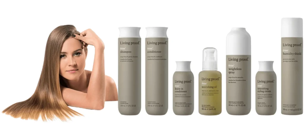 Woman with sleek hair beside Living Proof haircare products.