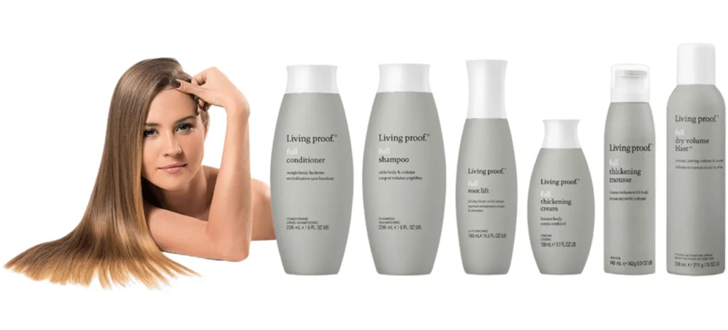 Woman with smooth hair alongside Living Proof hair products.