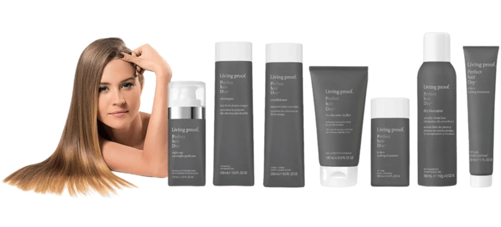 Woman with sleek hair and Living Proof haircare products.