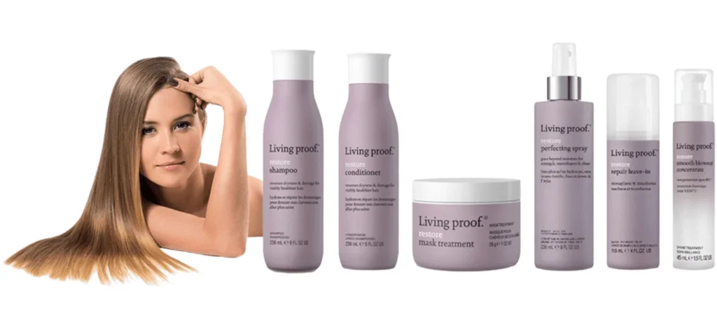 Woman with hair products, Living Proof Restore collection.