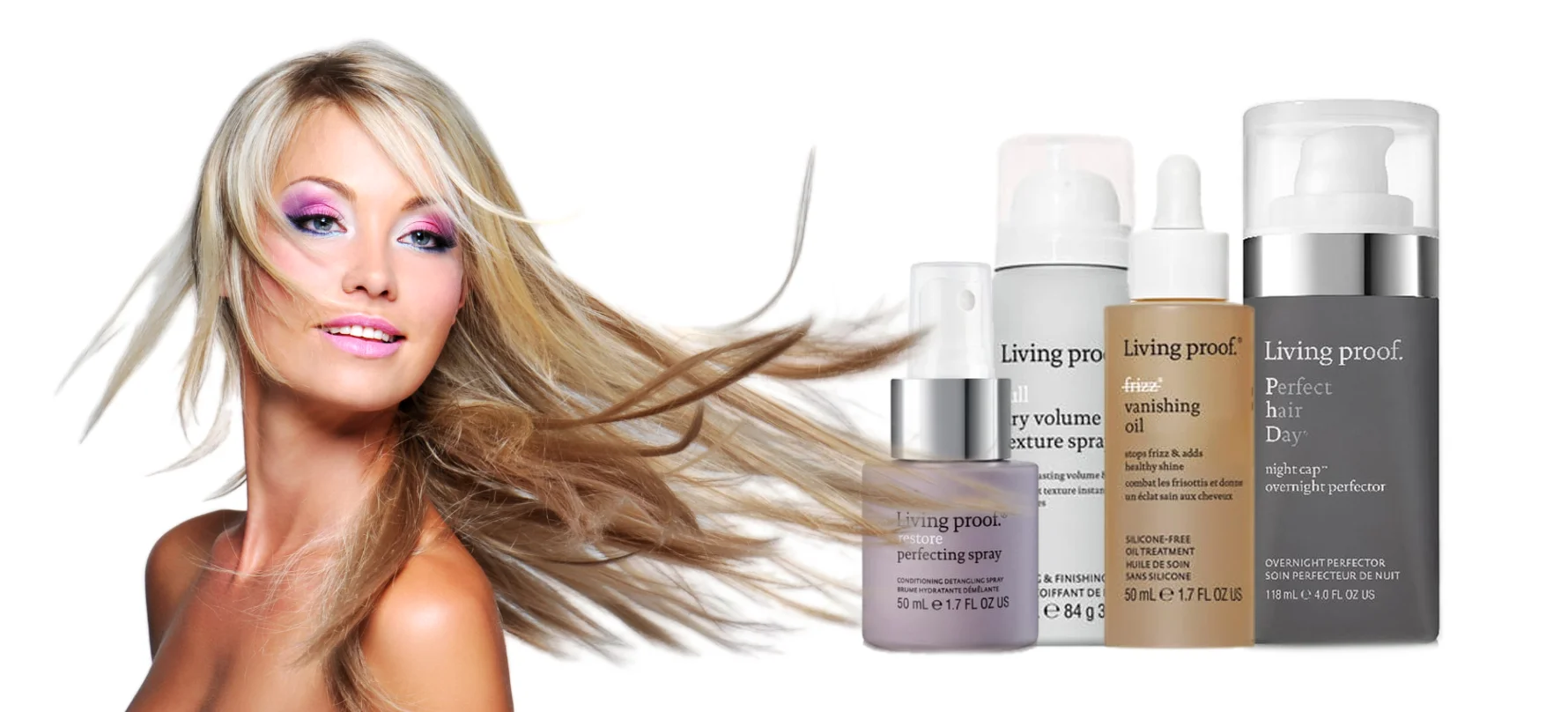 Woman with flowing hair and Living Proof hair products.