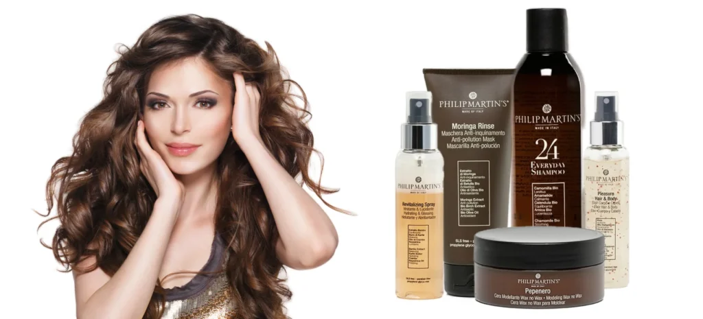 Woman with shiny hair and organic hair care products.